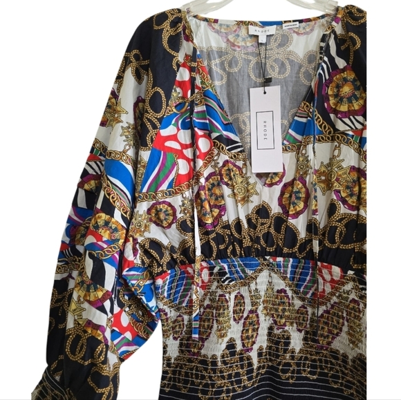 NWT Rhode Anya Smocked Mini Dress Nautical Chain Print Balloon Sleeves Large - Picture 3 of 11